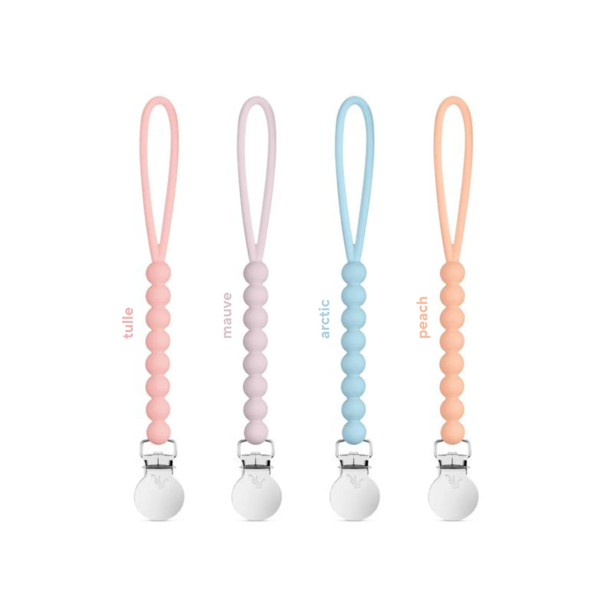 Silicone Pacifier Clips, 4 Pack of Lightweight One-Piece Holders for Keeping Pacifiers Within Reach — Tulle 4 Pack