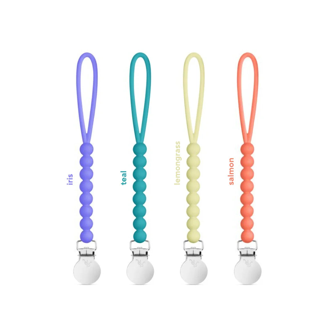 Silicone Pacifier Clips, 4 Pack of Lightweight One-Piece Holders for Keeping Pacifiers Within Reach — Iris 4 Pack