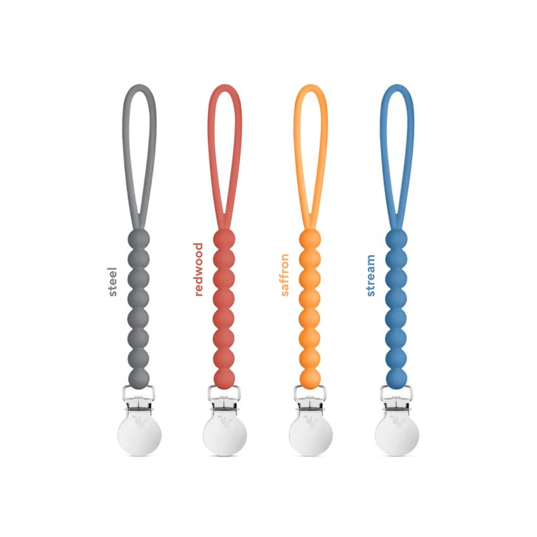 Silicone Pacifier Clips, 4 Pack of Lightweight One-Piece Holders for Keeping Pacifiers Within Reach — Steel 4 Pack