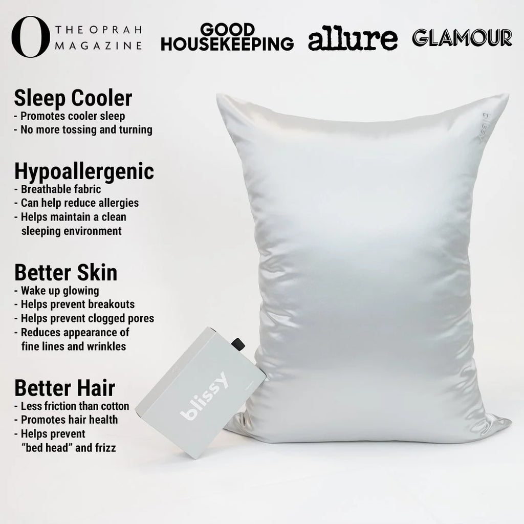 Silk Pillowcase in Silver, Handmade from 22-Momme Pure Mulberry Silk in a Standard Size for Bedtime