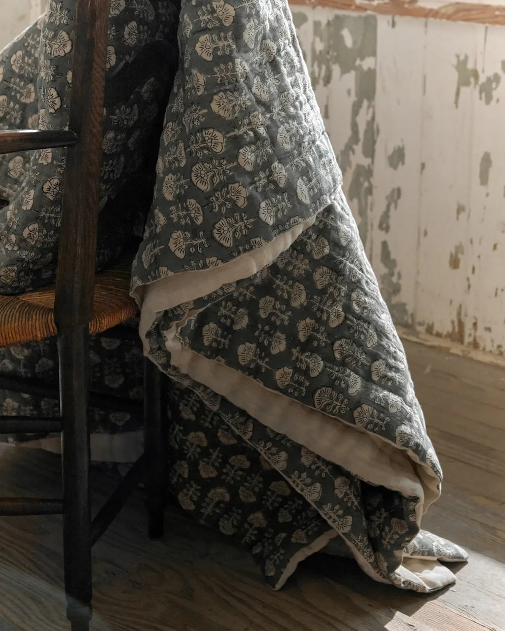 Silver Blue Floral Block Printed Quilt in a Breathable
