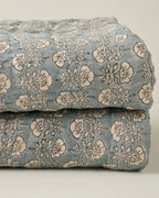 Silver Blue Floral Block Printed Quilt in a Breathable