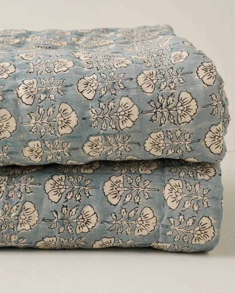 Silver Blue Floral Block Printed Quilt in a Breathable
