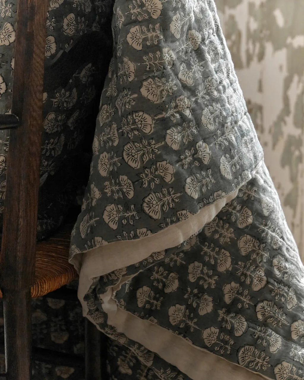 Silver Blue Floral Block Printed Quilt in a Breathable