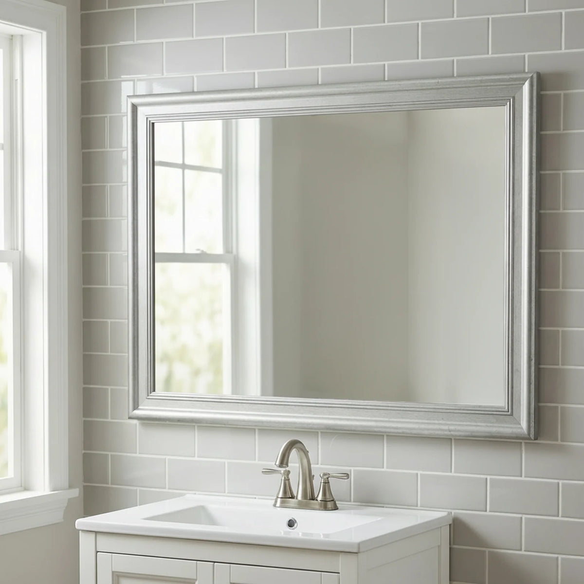 Silver Mirror Frame Border with a Three-Tier Inner Edge and Softly Rounded Profile, 2 1/4 Inches Wide