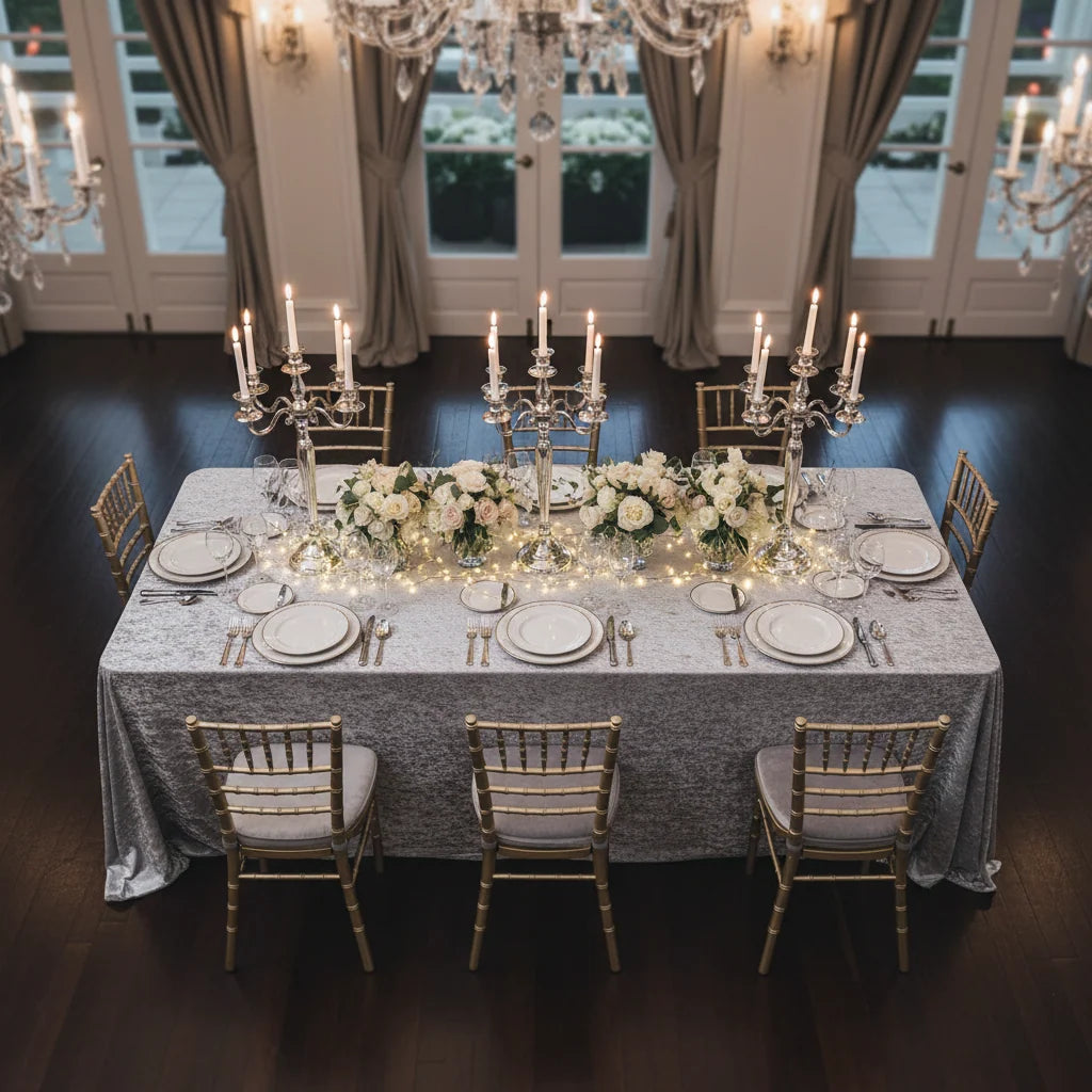 Silver Velvet Rectangle Tablecloth, 90 x 132 Inch Seamless Design