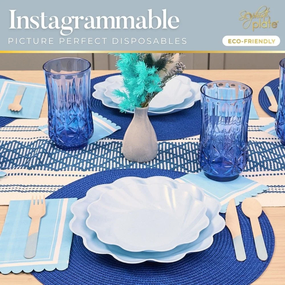 Sky Blue Compostable Dinner Plates in a Wavy Design, 9.5-Inch Bamboo Fiber Blend Plates, Pack of 8