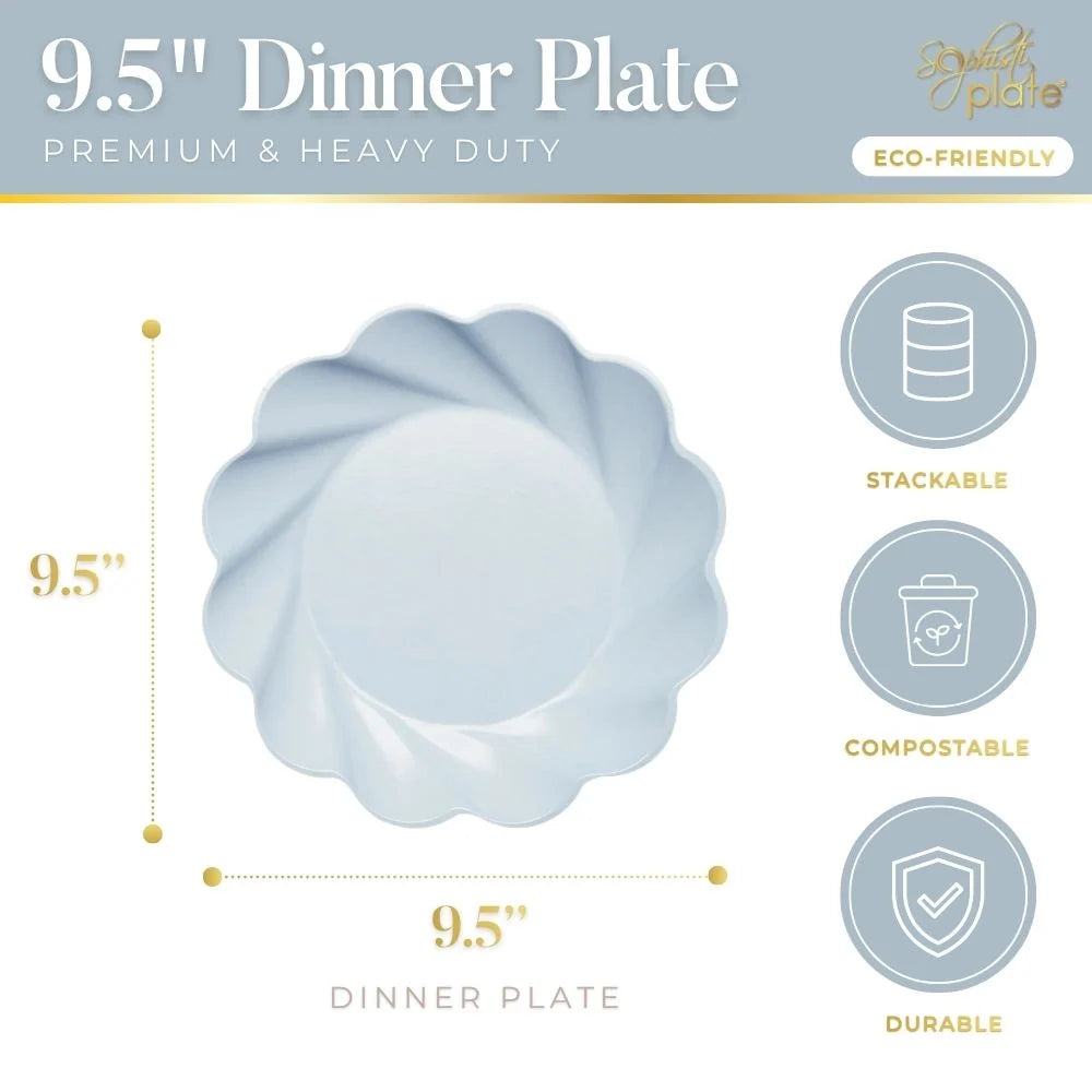Sky Blue Compostable Dinner Plates in a Wavy Design, 9.5-Inch Bamboo Fiber Blend Plates, Pack of 8