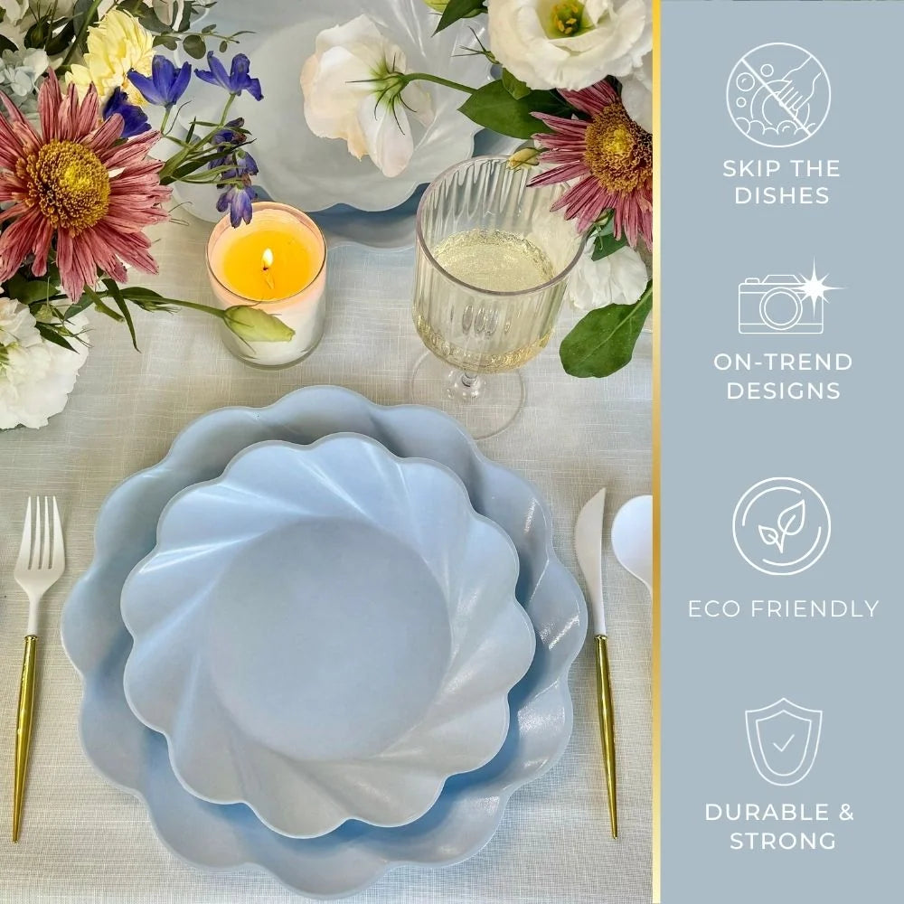 Sky Blue Compostable Dinner Plates in a Wavy Design, 9.5-Inch Bamboo Fiber Blend Plates, Pack of 8