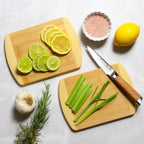 Small Bamboo Cutting Boards in a 2-Piece Set with Light and Caramelized Bamboo for Kitchen and Bar