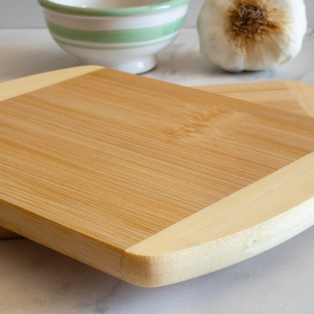 Small Bamboo Cutting Boards in a 2-Piece Set with Light and Caramelized Bamboo for Kitchen and Bar