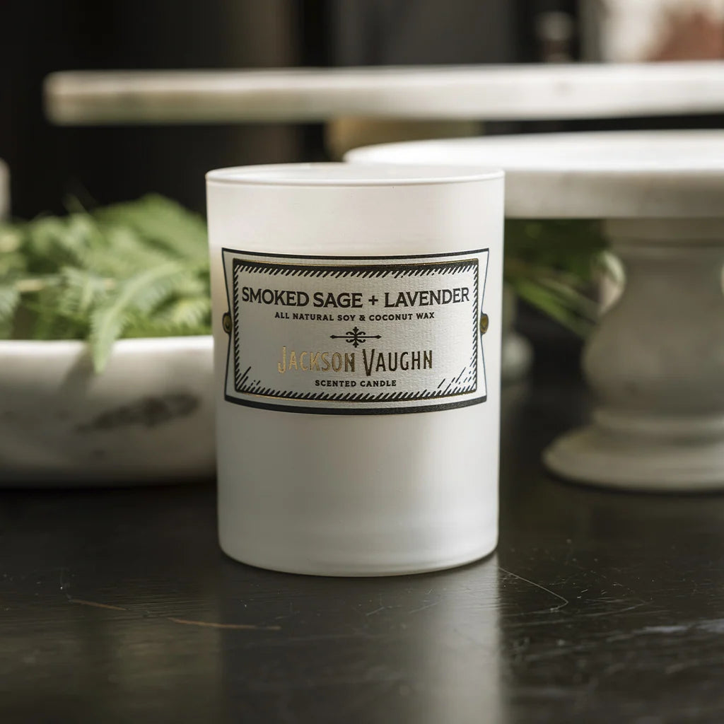 Smoked Sage and Lavender Scented Candle with Palo Santo Notes for Relaxing Bedroom or Office Rituals