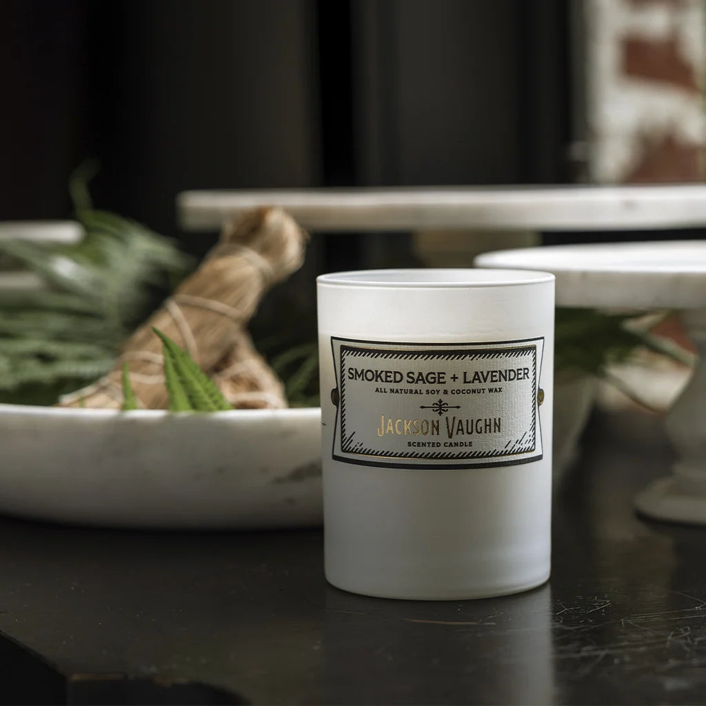 Smoked Sage and Lavender Scented Candle with Palo Santo Notes for Relaxing Bedroom or Office Rituals