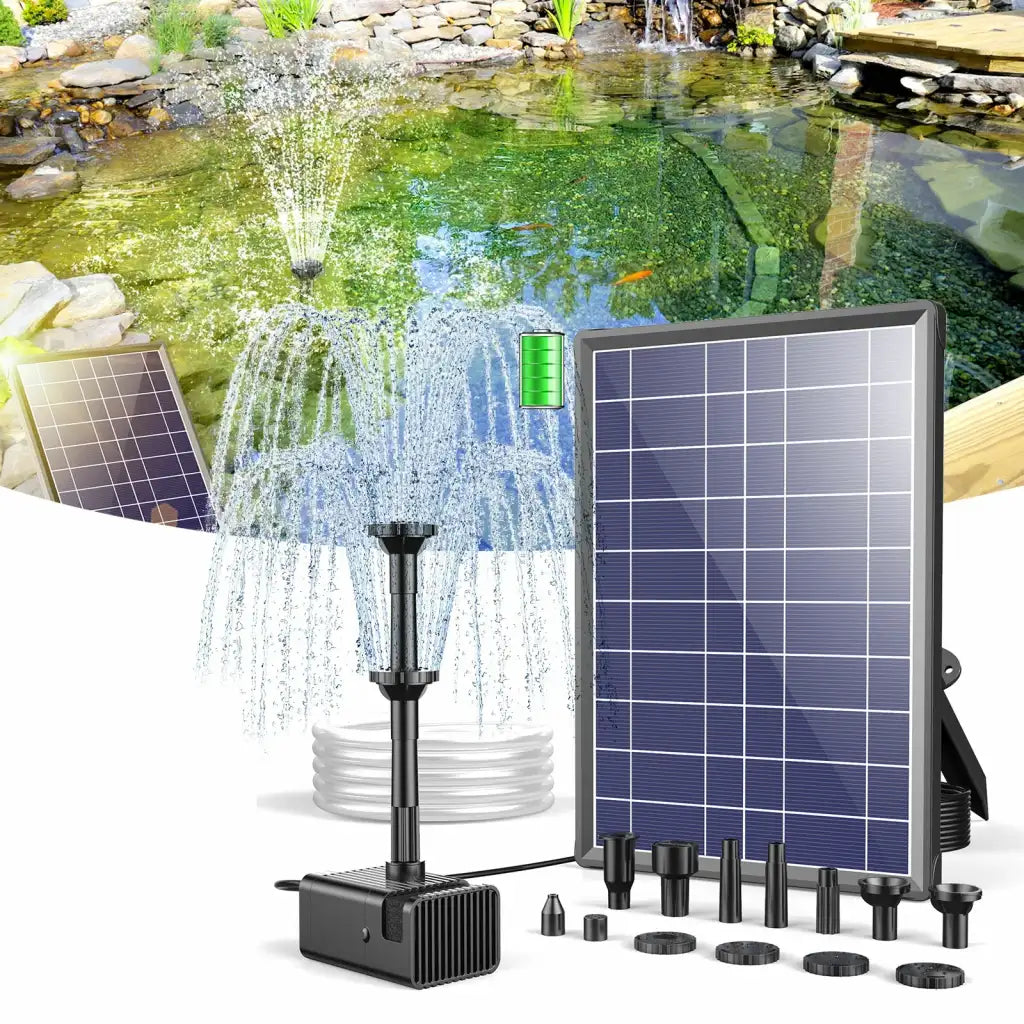 Solar Bird Bath Fountain Pump with 8W Panel, 3600mAh Battery, 10 Nozzles and 9.85-Foot Cord