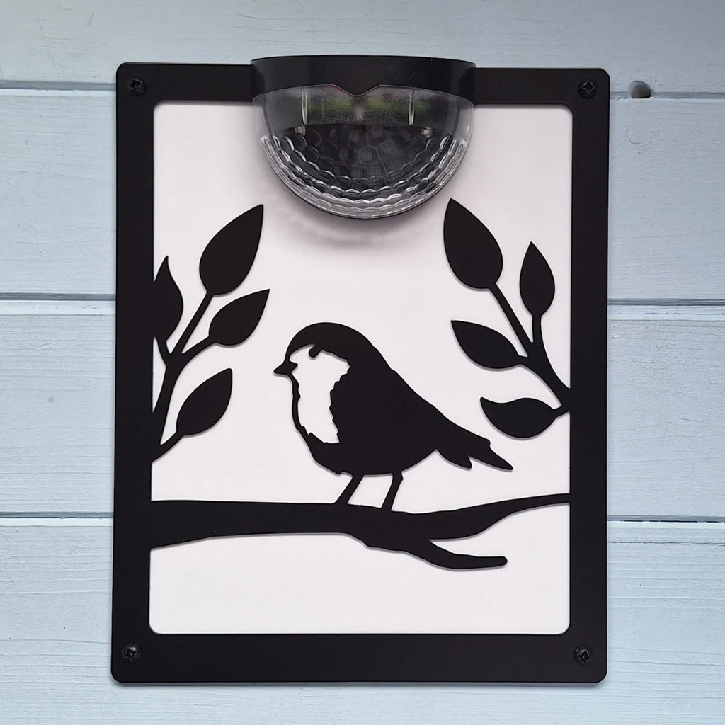 Solar Robin Garden Plaque Wall Decor with Left-Facing Bird Design and Optional White Background