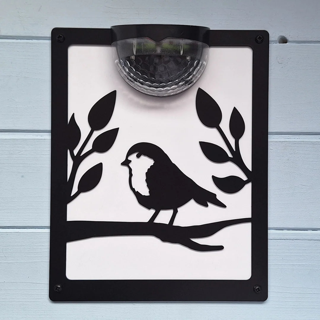 Solar Robin Garden Plaque Wall Decor with Left-Facing Bird Design and Optional White Background