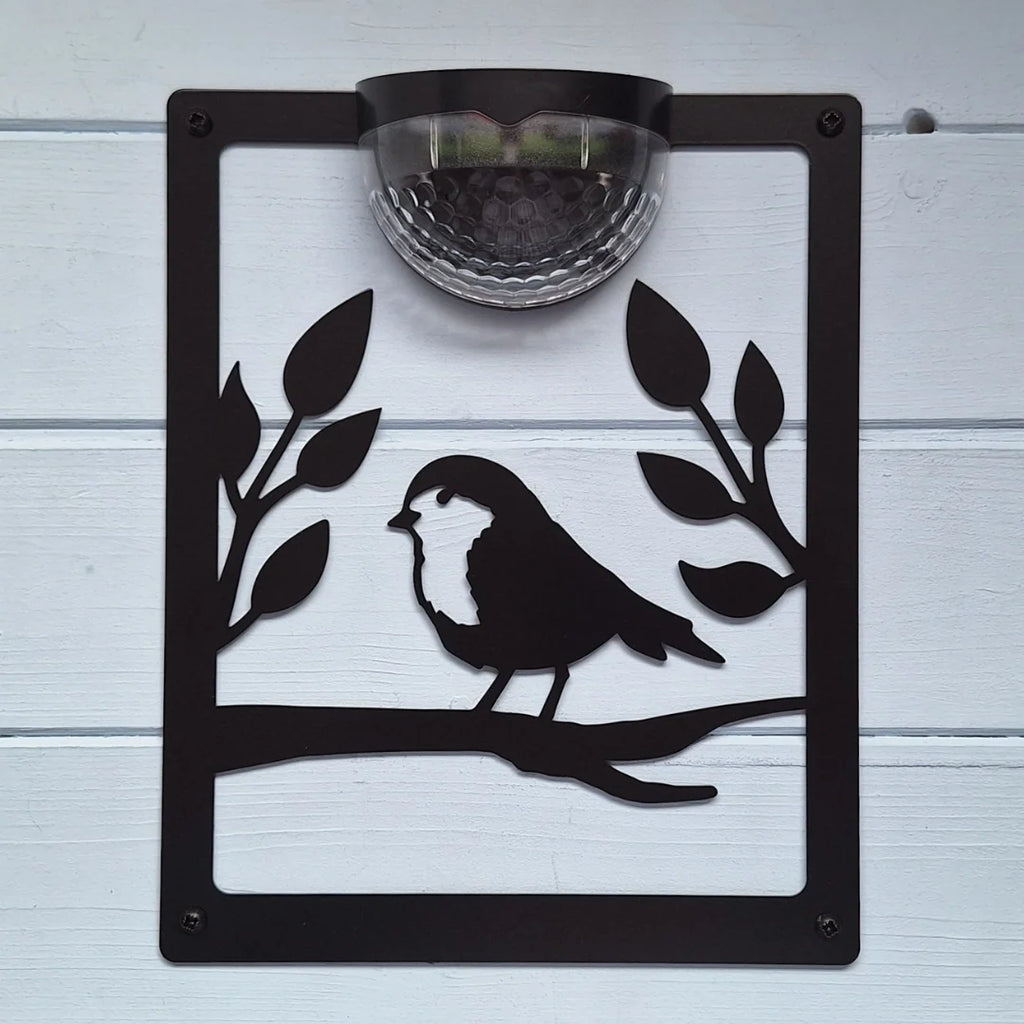 Solar Robin Garden Plaque Wall Decor with Left-Facing Bird Design and Optional White Background — Solar Plaque ONLY