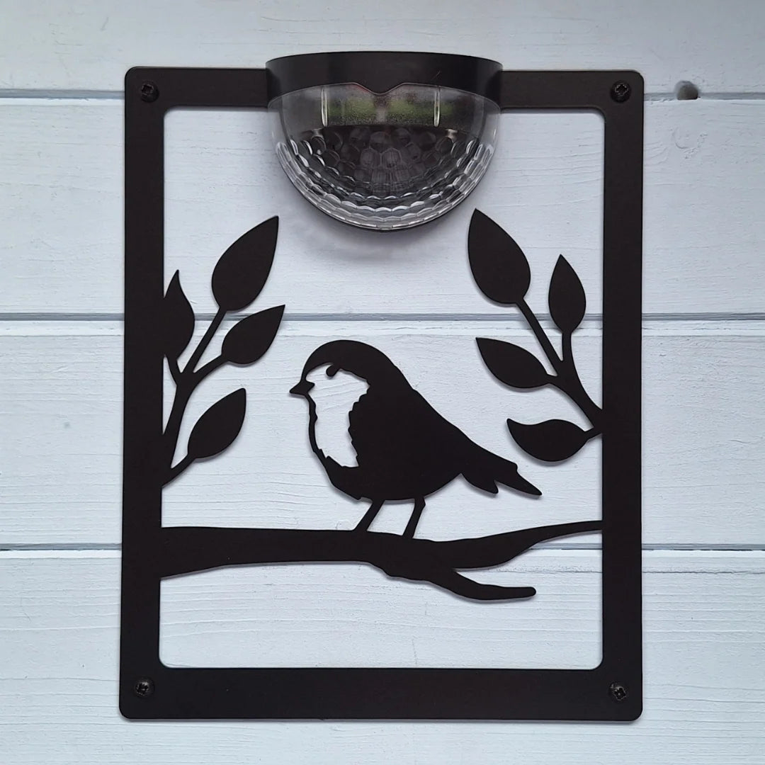 Solar Robin Garden Plaque Wall Decor with Left-Facing Bird Design and Optional White Background — Solar Plaque ONLY