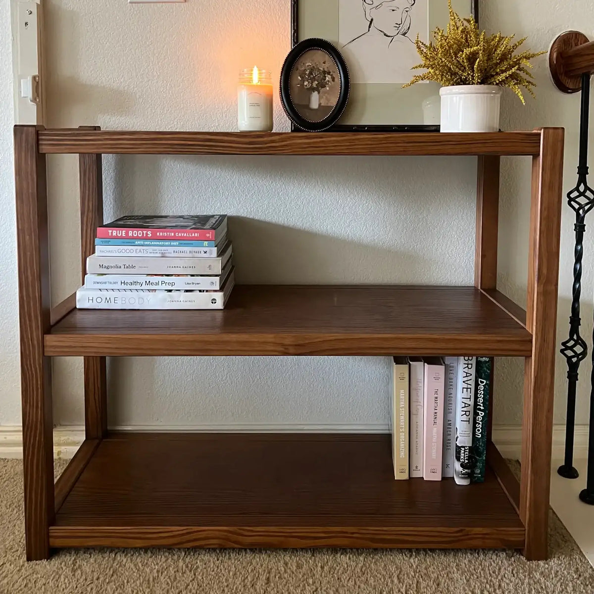Solid Pine Modular Bookcase with Three Shelves, 36-Inch Wide Design in Brushed Walnut, Driftwood, or White — Brushed Walnut