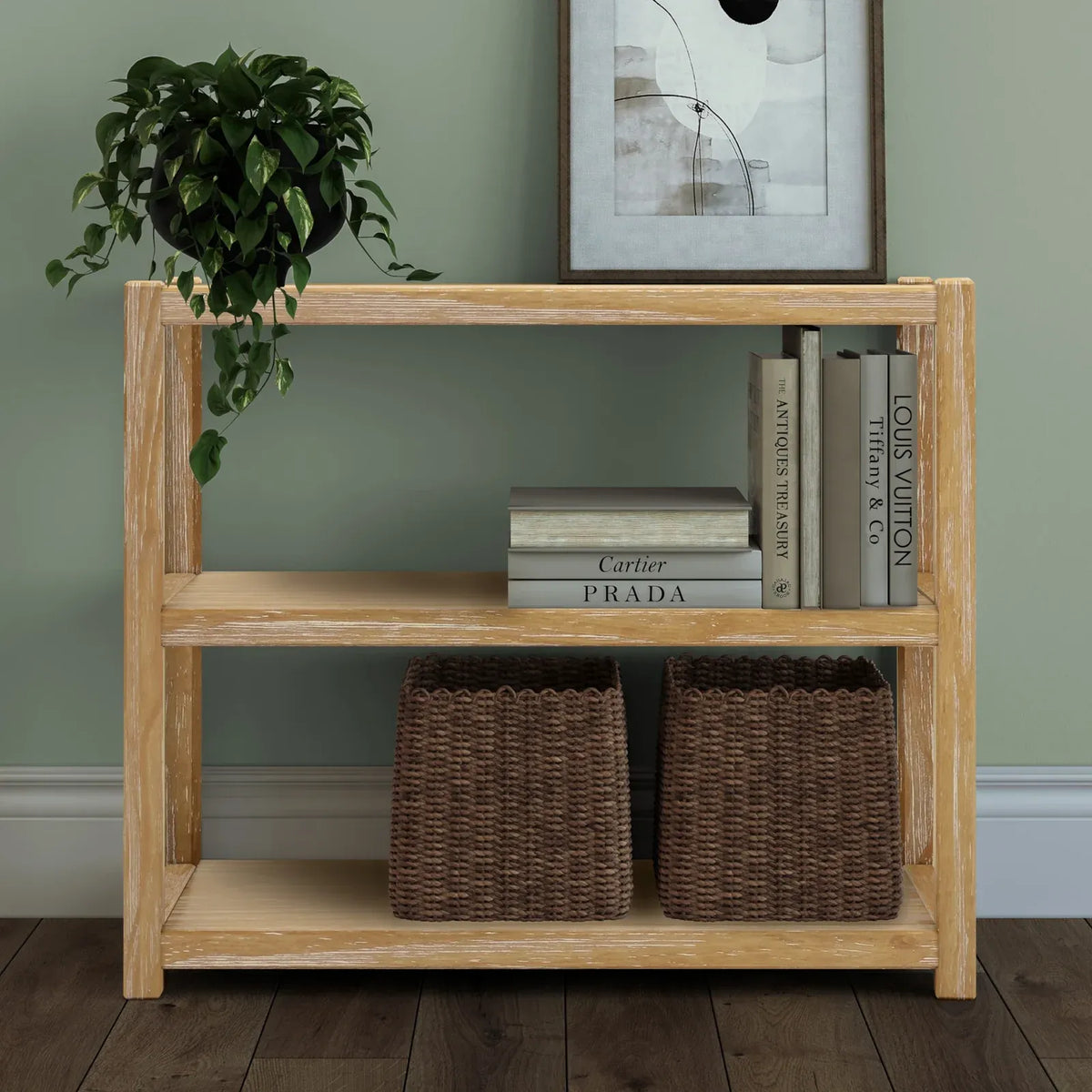 Solid Pine Modular Bookcase with Three Shelves, 36-Inch Wide Design in Brushed Walnut, Driftwood, or Whit — Brushed Driftwood