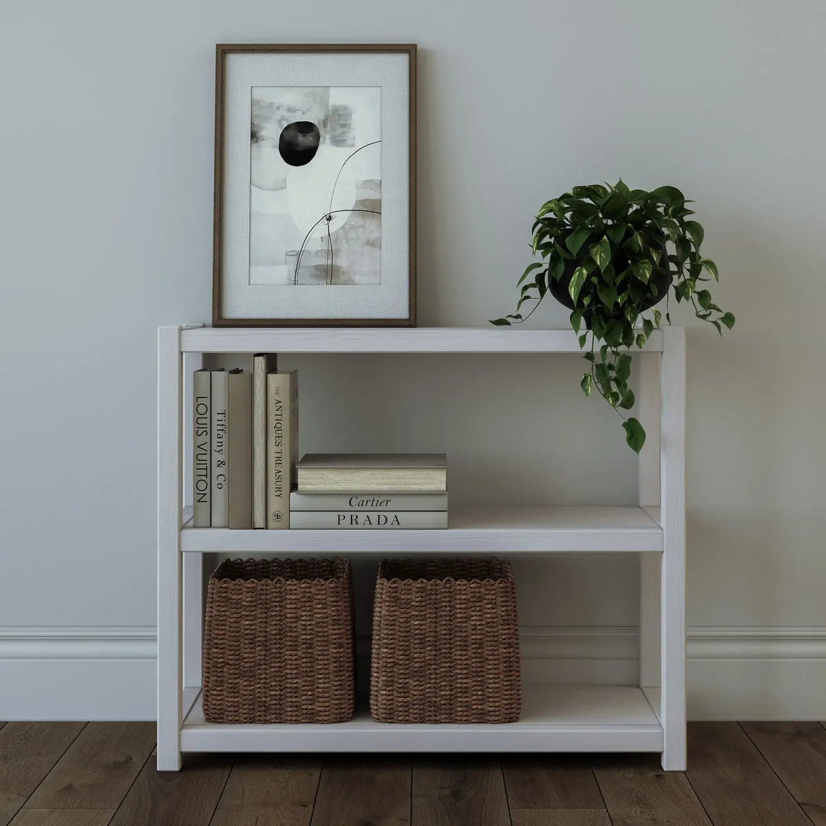 Solid Pine Modular Bookcase with Three Shelves, 36-Inch Wide Design in Brushed Walnut, Driftwood, or White — Brushed White