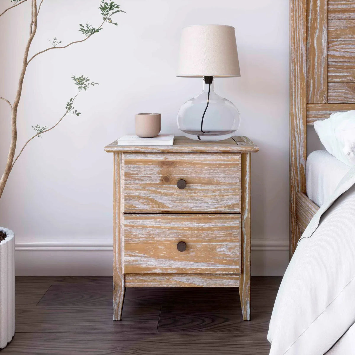Solid Pine Nightstand, Brushed Driftwood