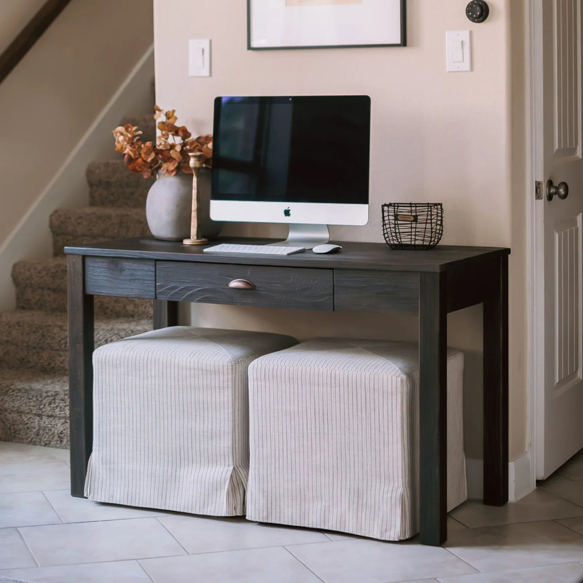 Solid Pine Wood Desk and Dressing Table, Farmhouse Black