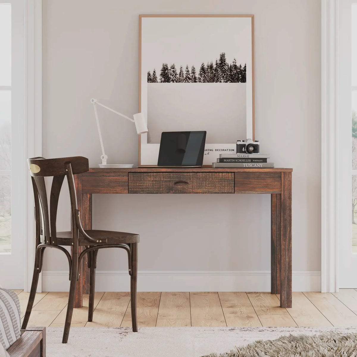 Solid Pine Wood Desk and Dressing Table, Rustic Walnut
