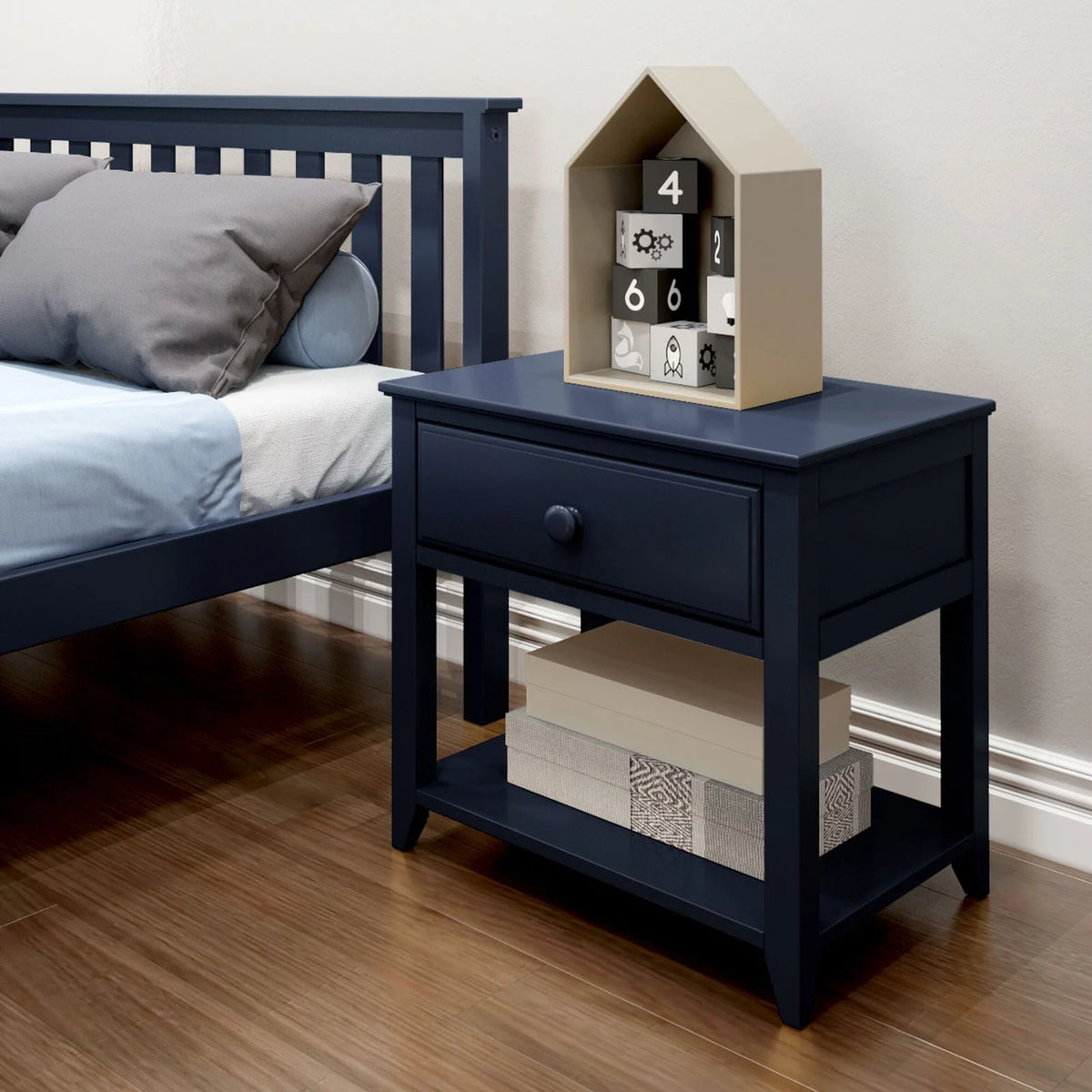 Solid Wood Nightstand, 1-Drawer with Shelf-Blue
