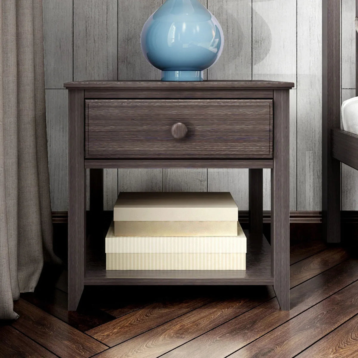 Solid Wood Nightstand, 1-Drawer with Shelf-Clay