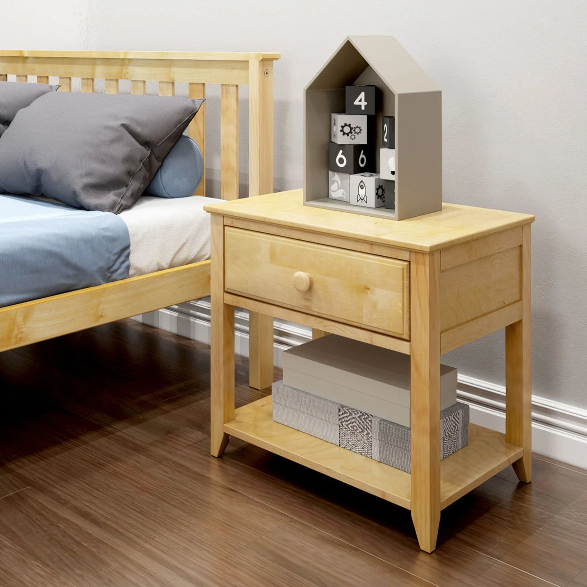 Solid Wood Nightstand, 1-Drawer with Shelf-Natural