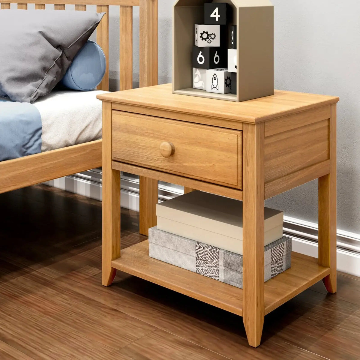 Solid Wood Nightstand, 1-Drawer with Shelf-Pecan