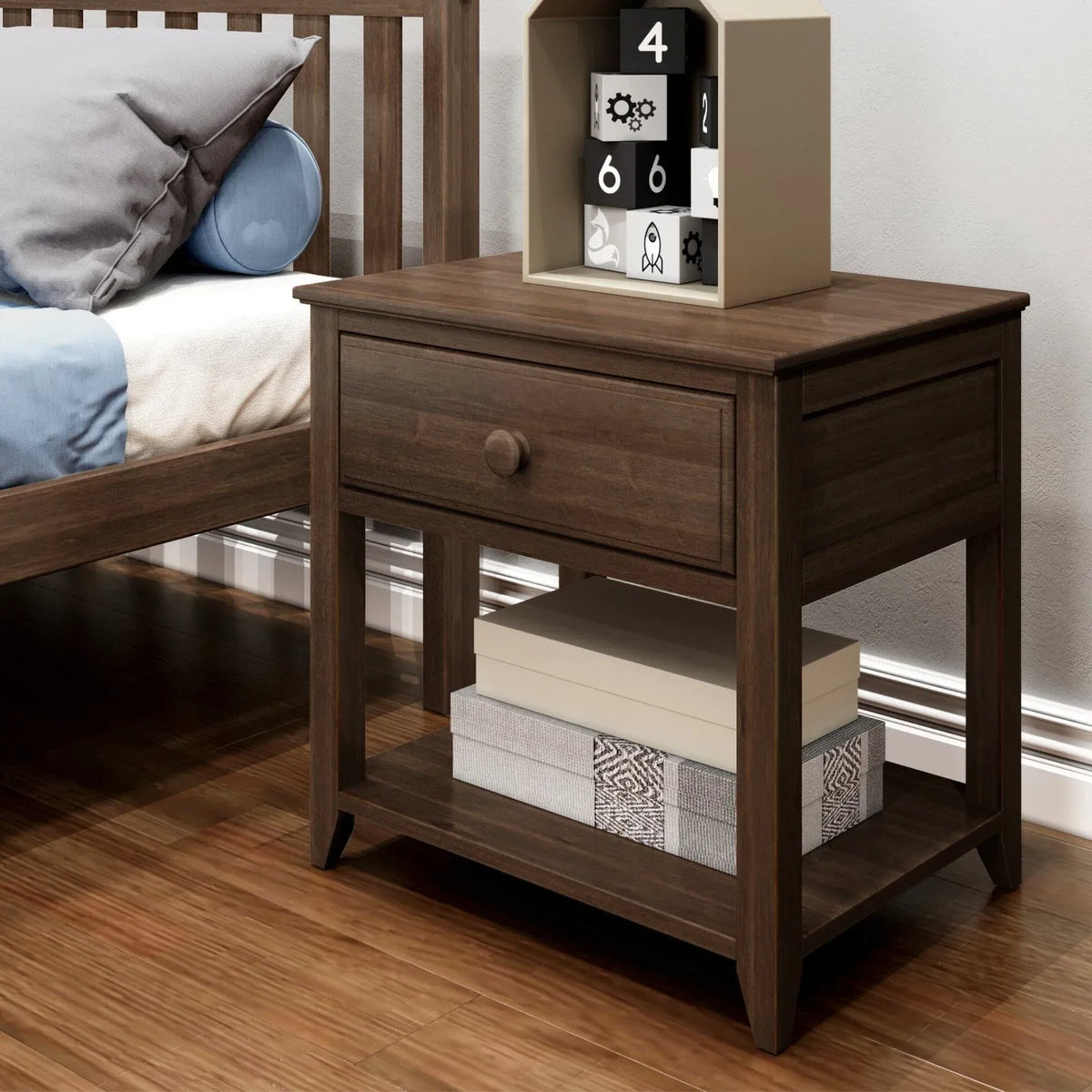 Solid Wood Nightstand, 1-Drawer with Shelf-Walnut