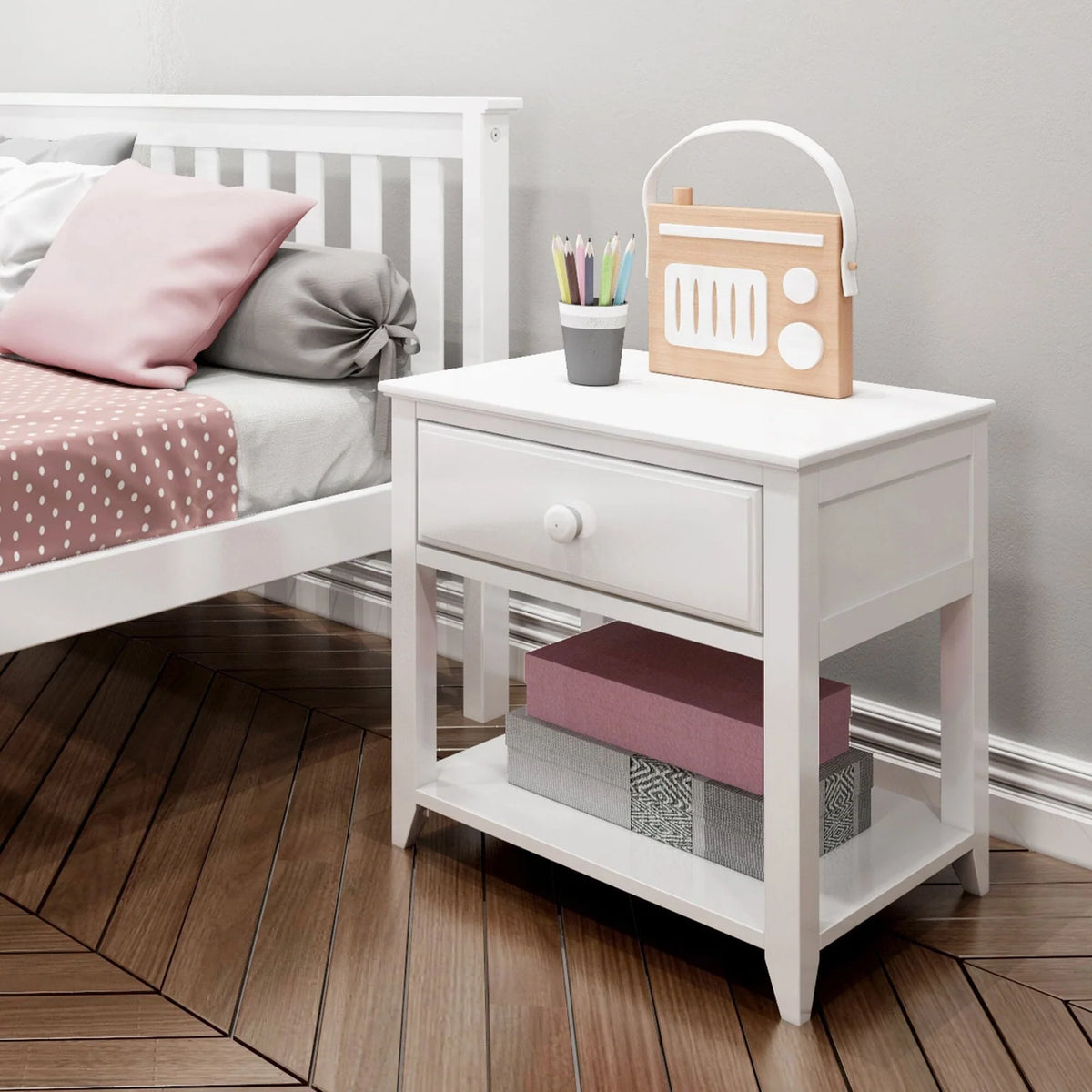 Solid Wood Nightstand, 1-Drawer with Shelf-White