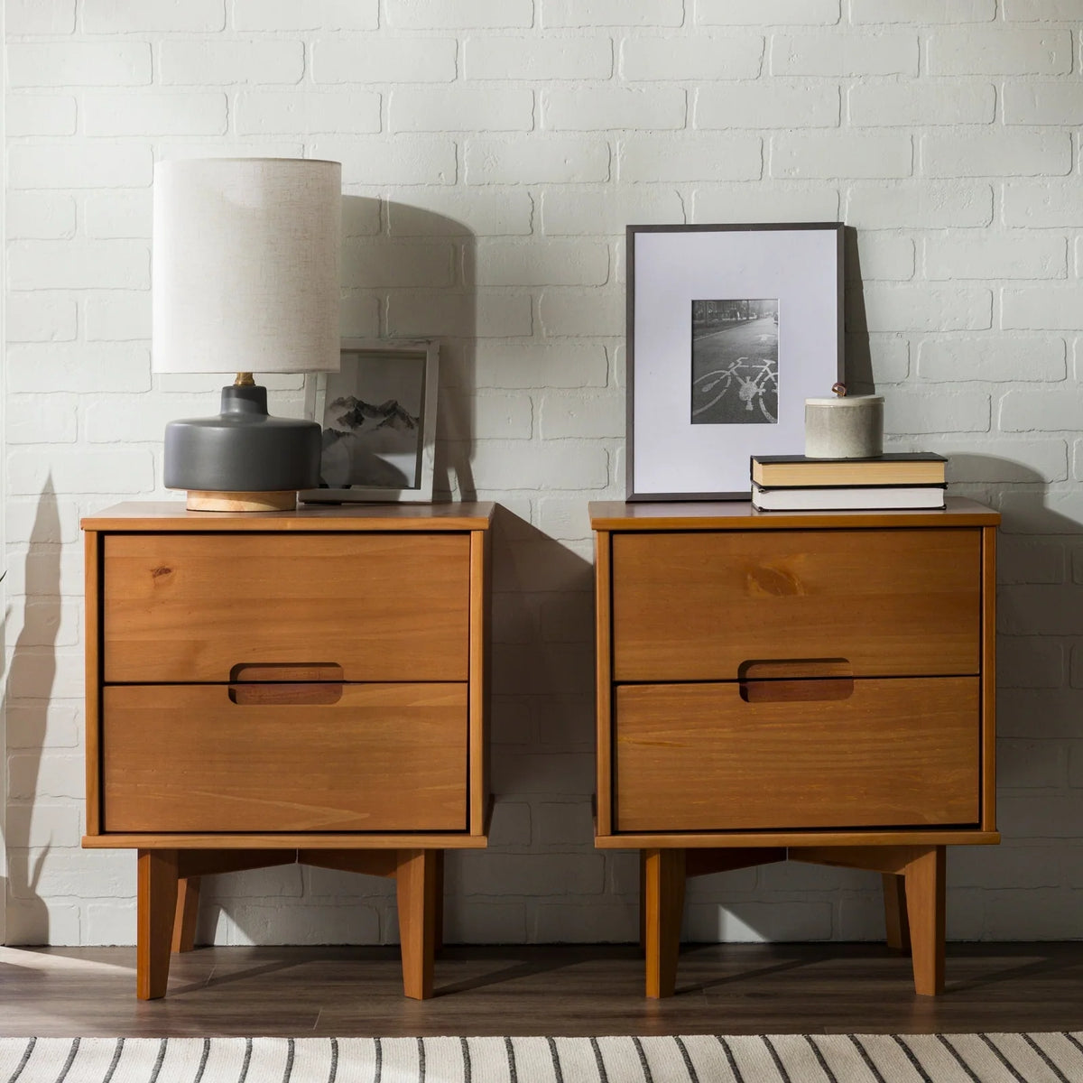 Solid Wood Nightstand, Nightstand 2PK-Caramel