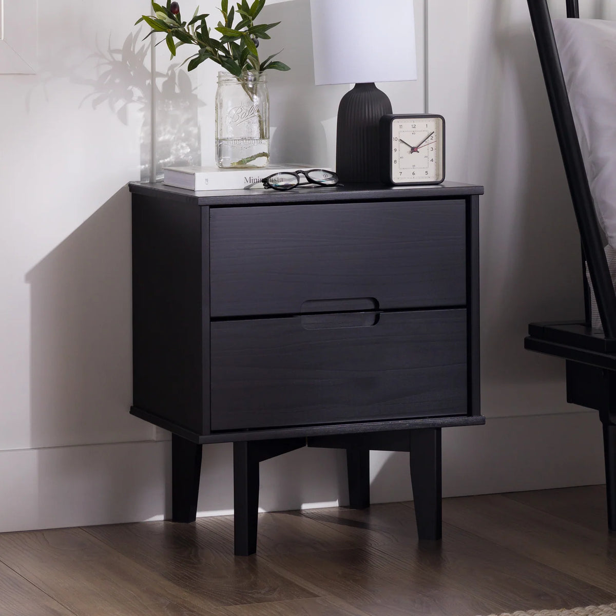Solid Wood Nightstand, Nightstand-Black