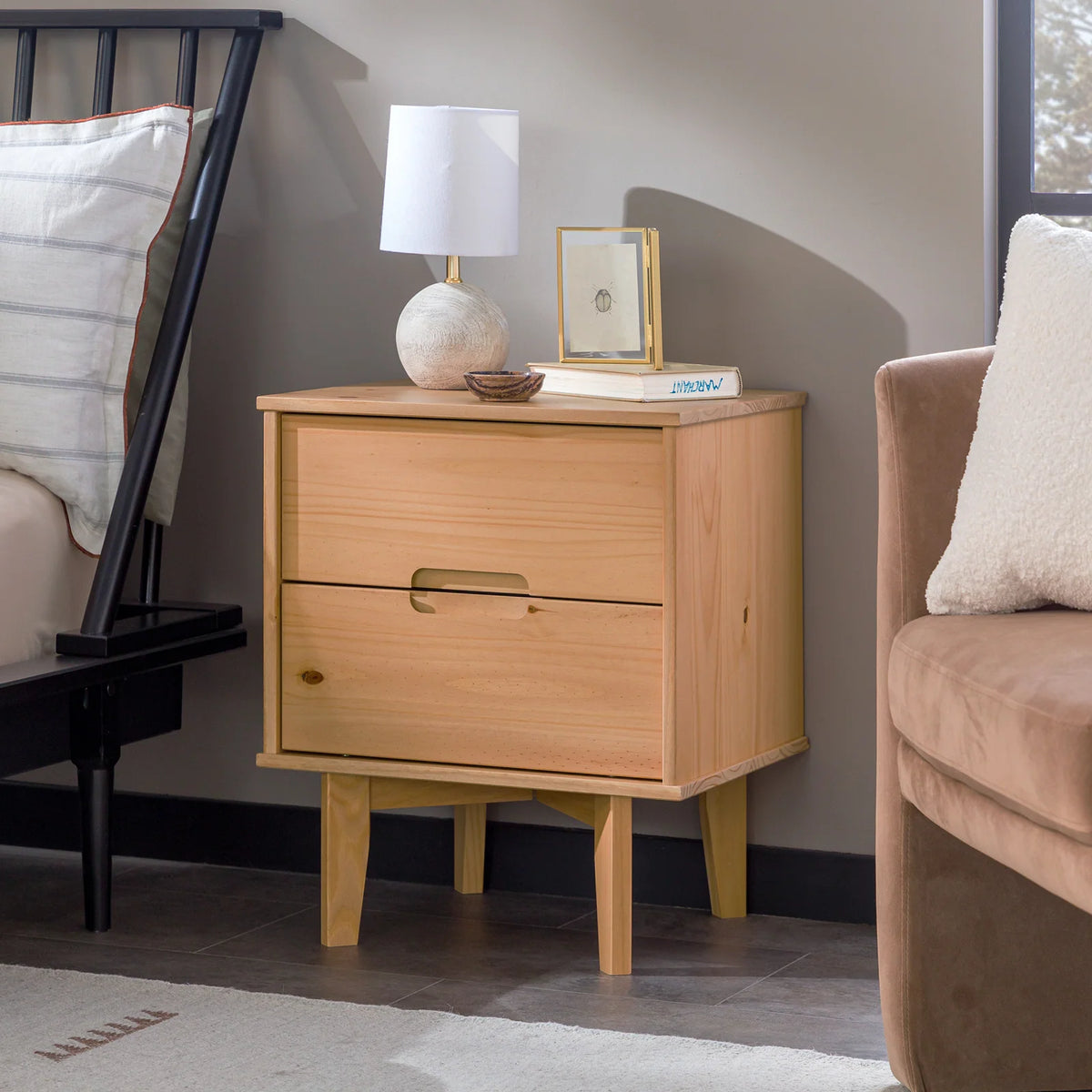 Solid Wood Nightstand, Nightstand-Natural Pine