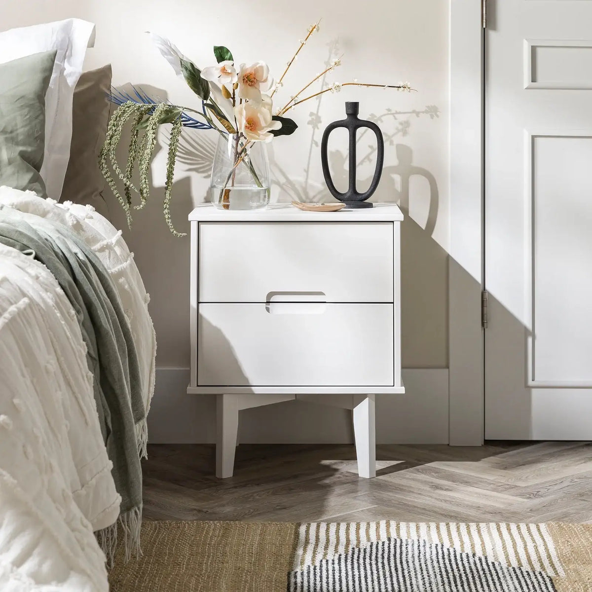 Solid Wood Nightstand, Nightstand-White