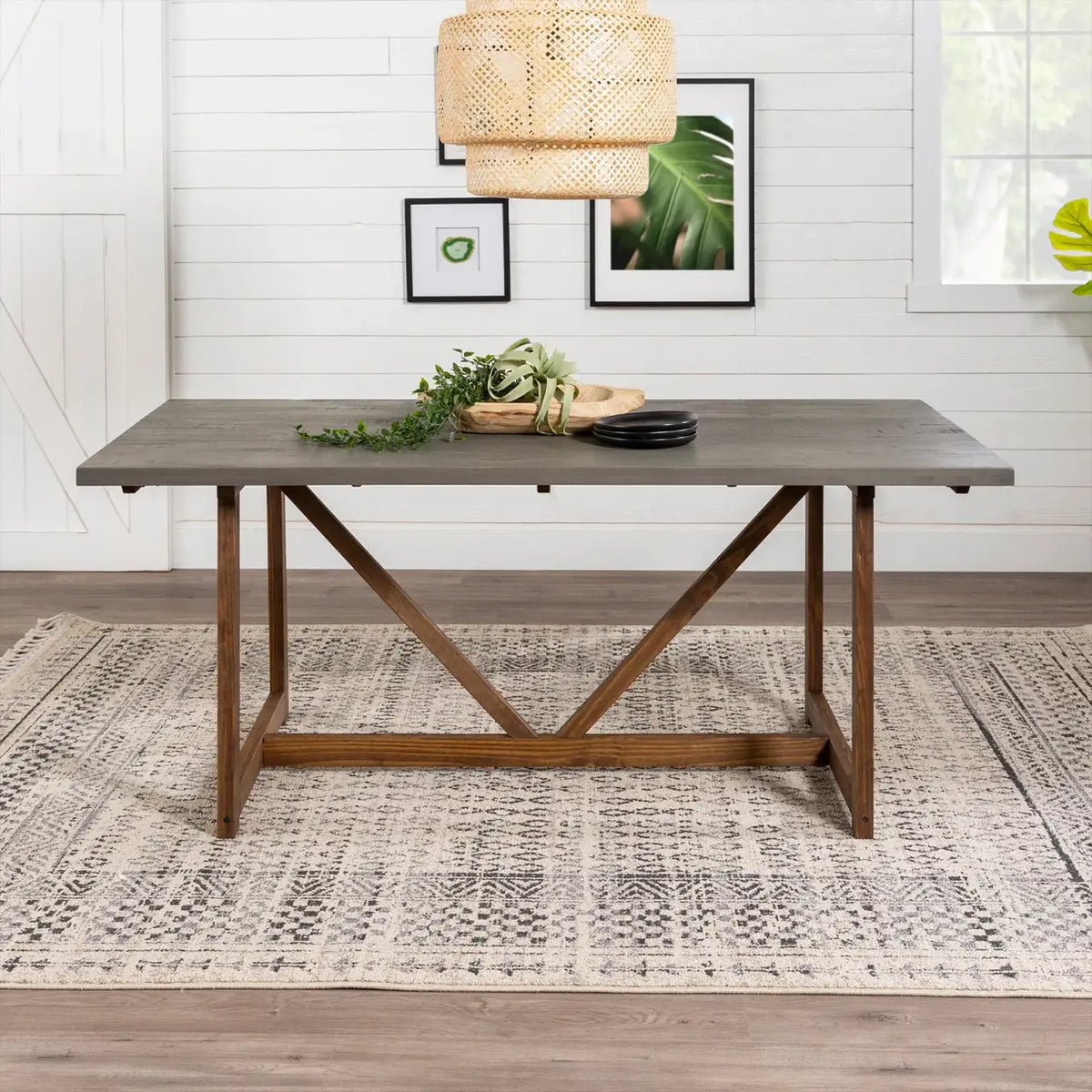 Solid Wood Trestle Dining Table, Grey/Brown