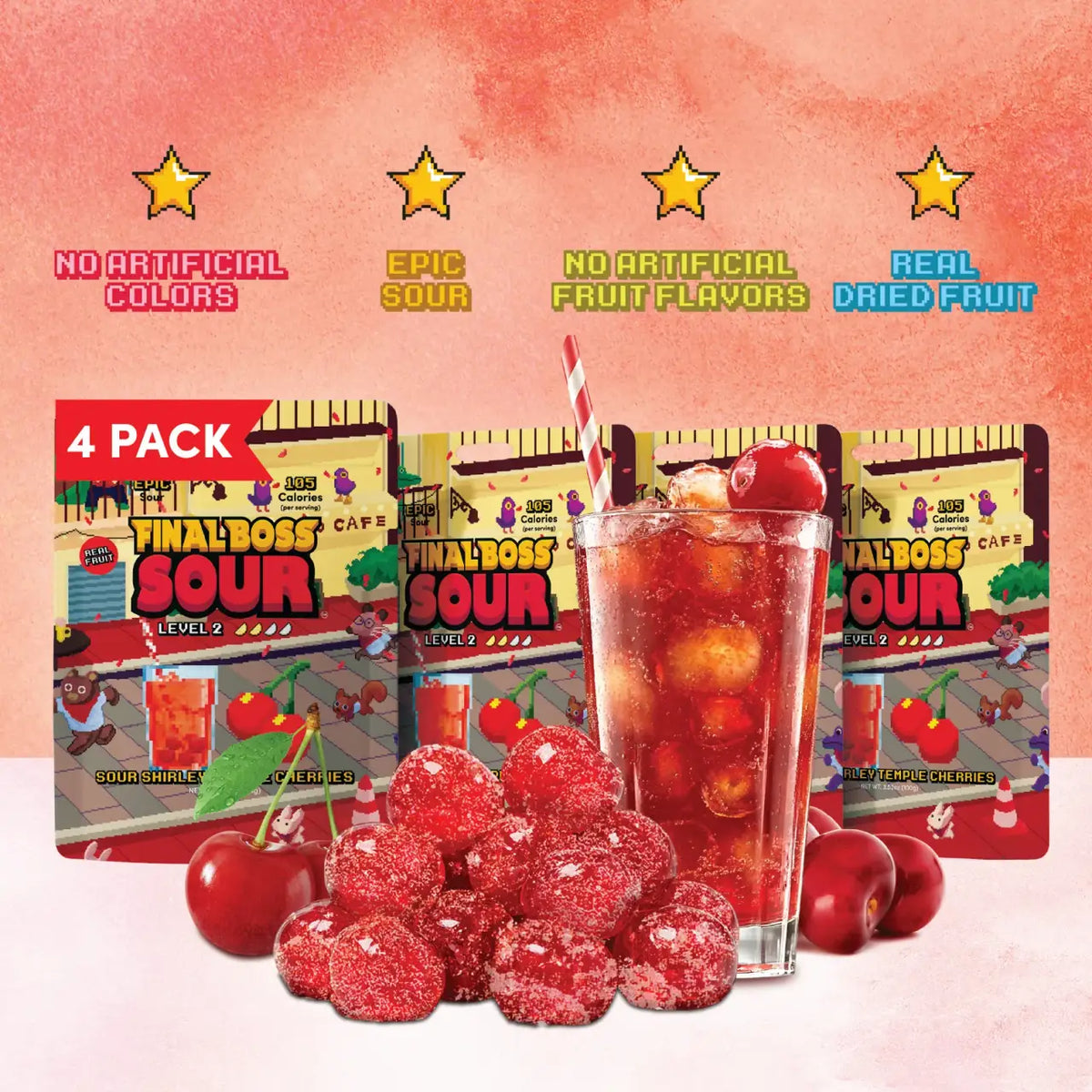 Sour Dried Cherries in Shirley Temple Flavor, 4 Bags