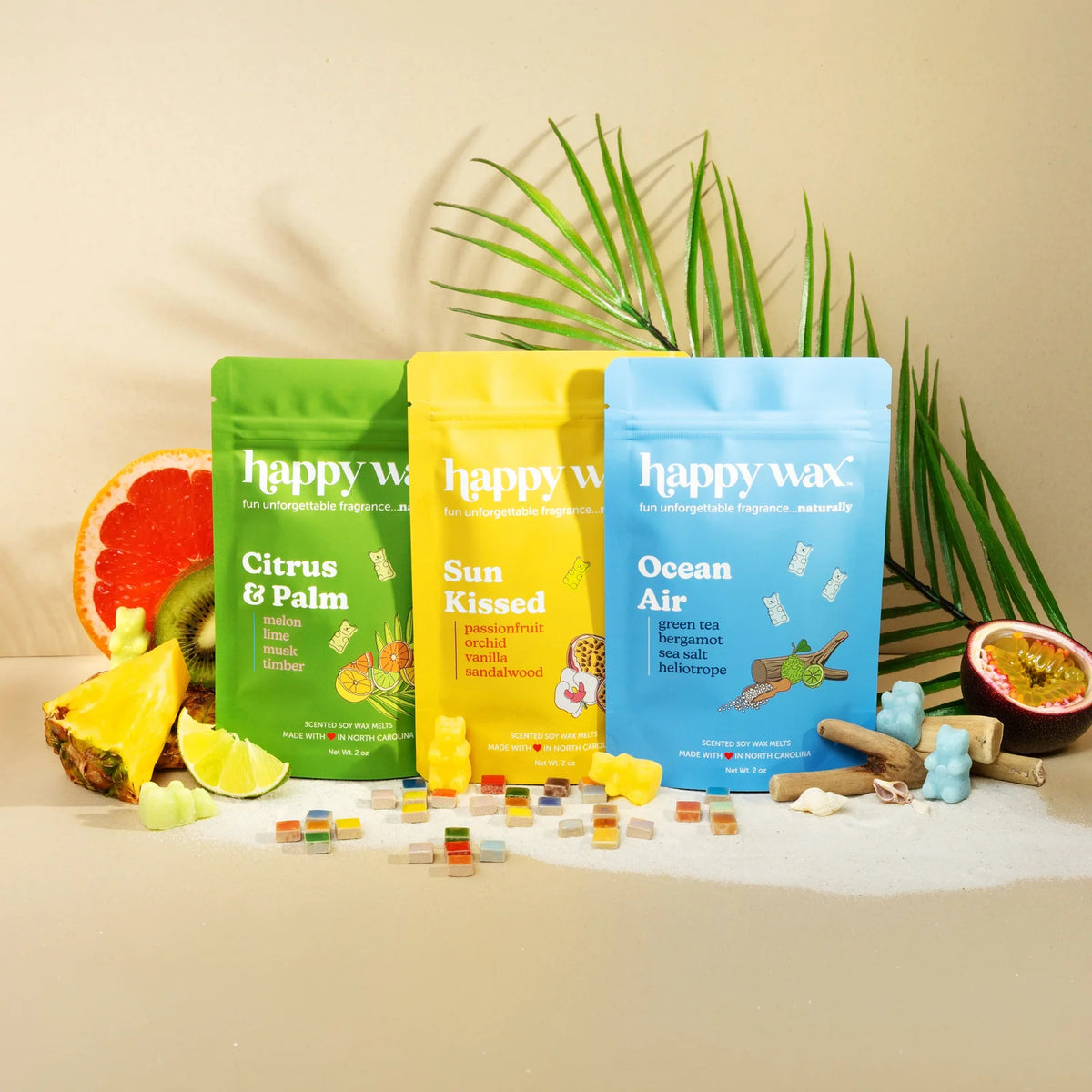 Soy Wax Melt Collection in Three 2 oz Pouches, Infused with Essential Oils and Inspired by Summer Coastlines