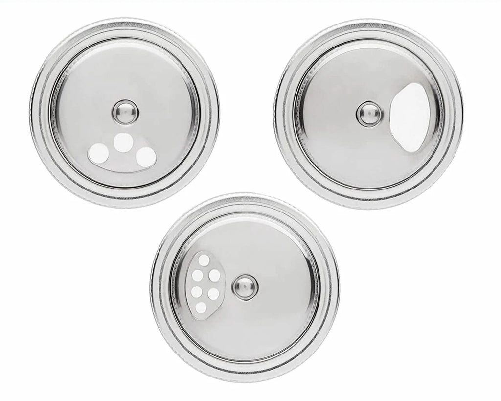 Spice Shaker Lid for Mason Jars in Stainless Steel, Dishwasher Safe and Supplied with a Matching Steel Band