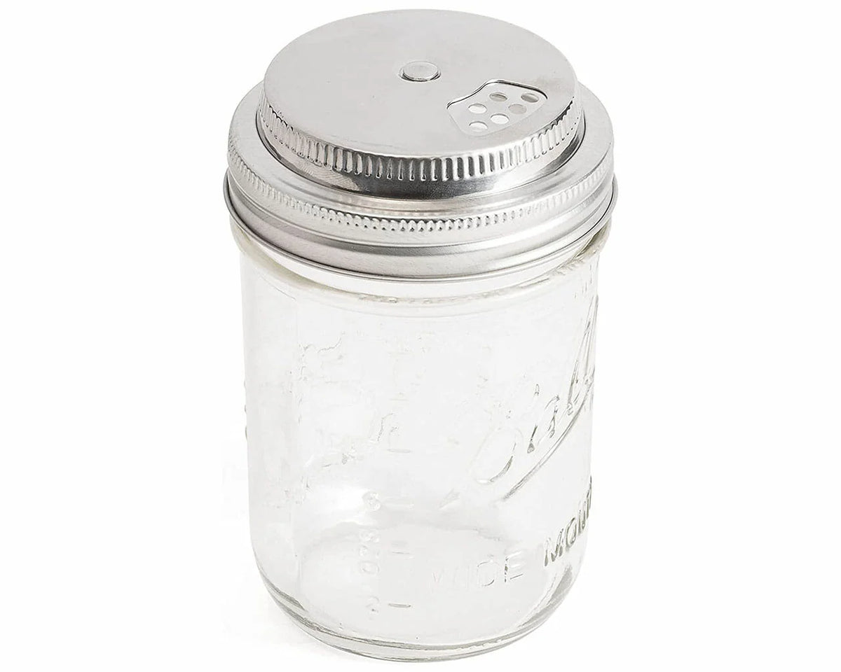 Spice Shaker Lid for Mason Jars in Stainless Steel, Dishwasher Safe and Supplied with a Matching Steel Band