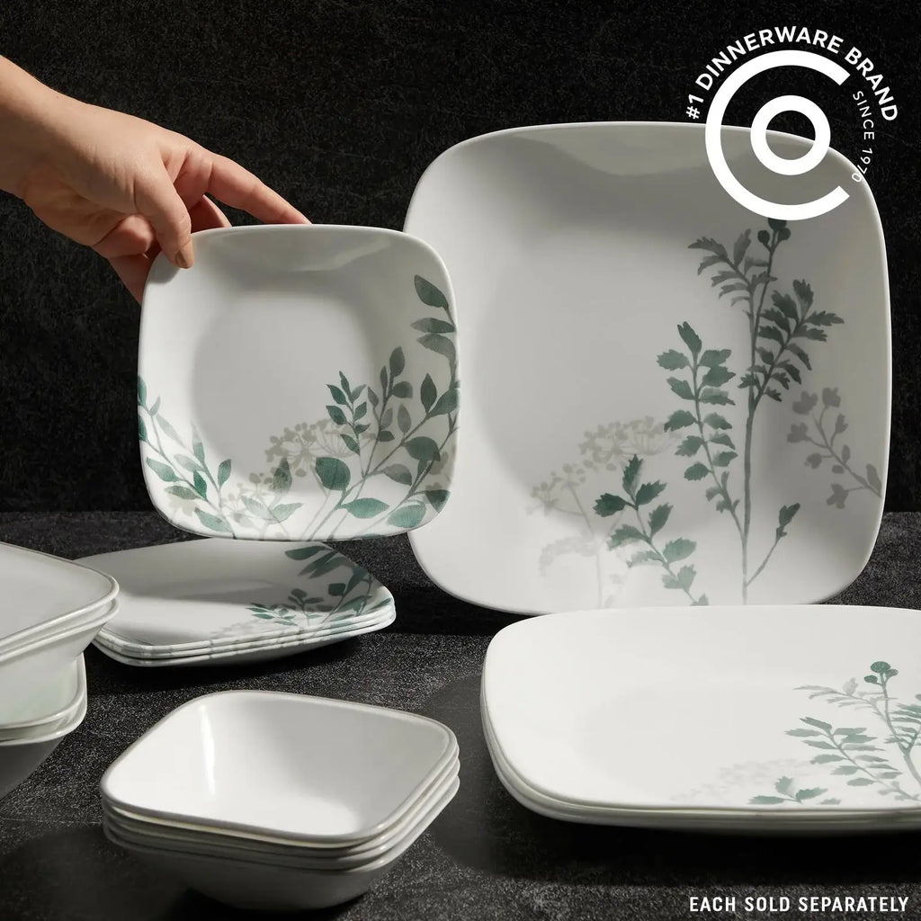 Square Appetizer Plate, 6.5 Inches, Featuring Soft Sage Botanical Greenery for Relaxed Everyday Dining