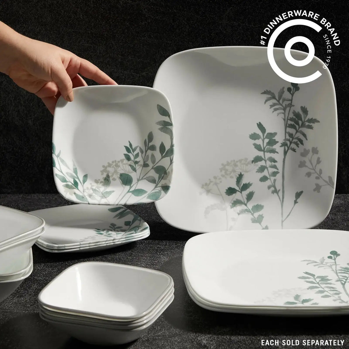 Square Appetizer Plate, 6.5 Inches, Featuring Soft Sage Botanical Greenery for Relaxed Everyday Dining