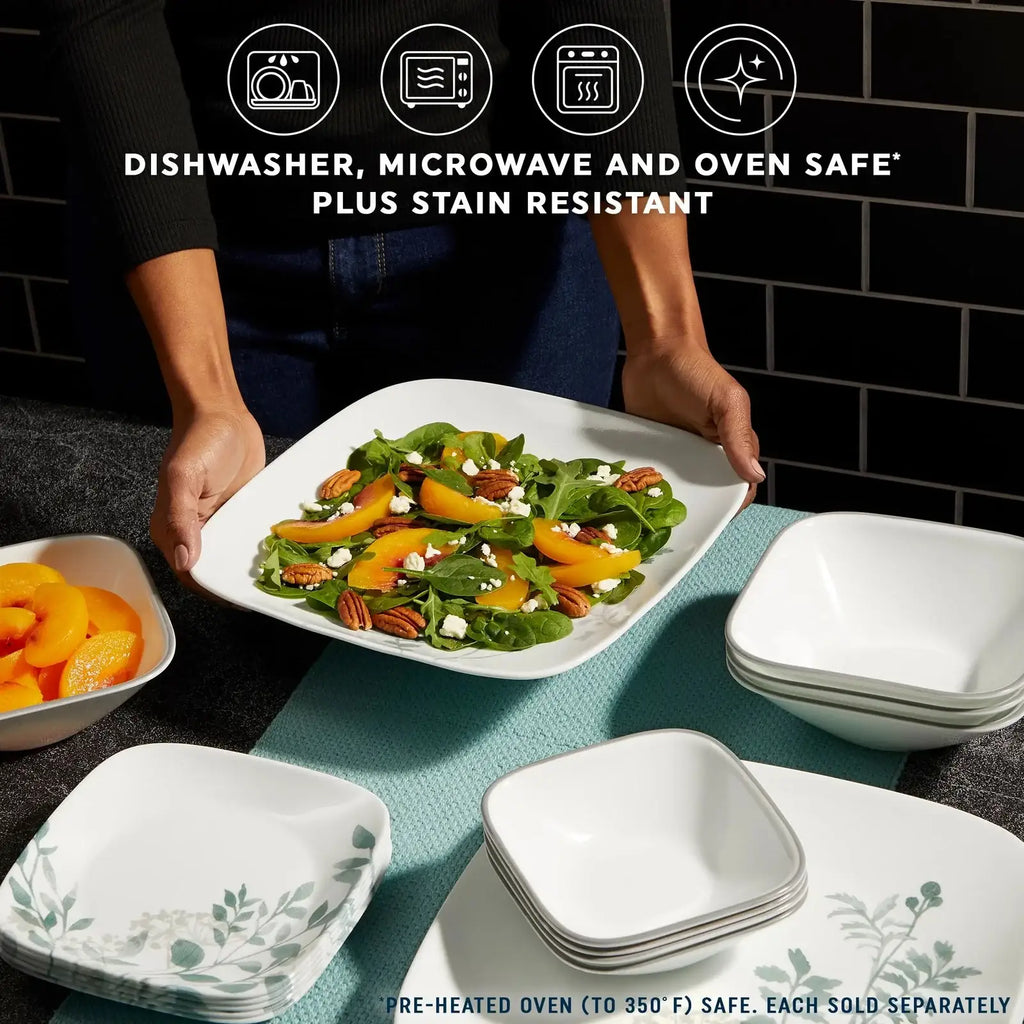 Square Appetizer Plate, 6.5 Inches, Featuring Soft Sage Botanical Greenery for Relaxed Everyday Dining