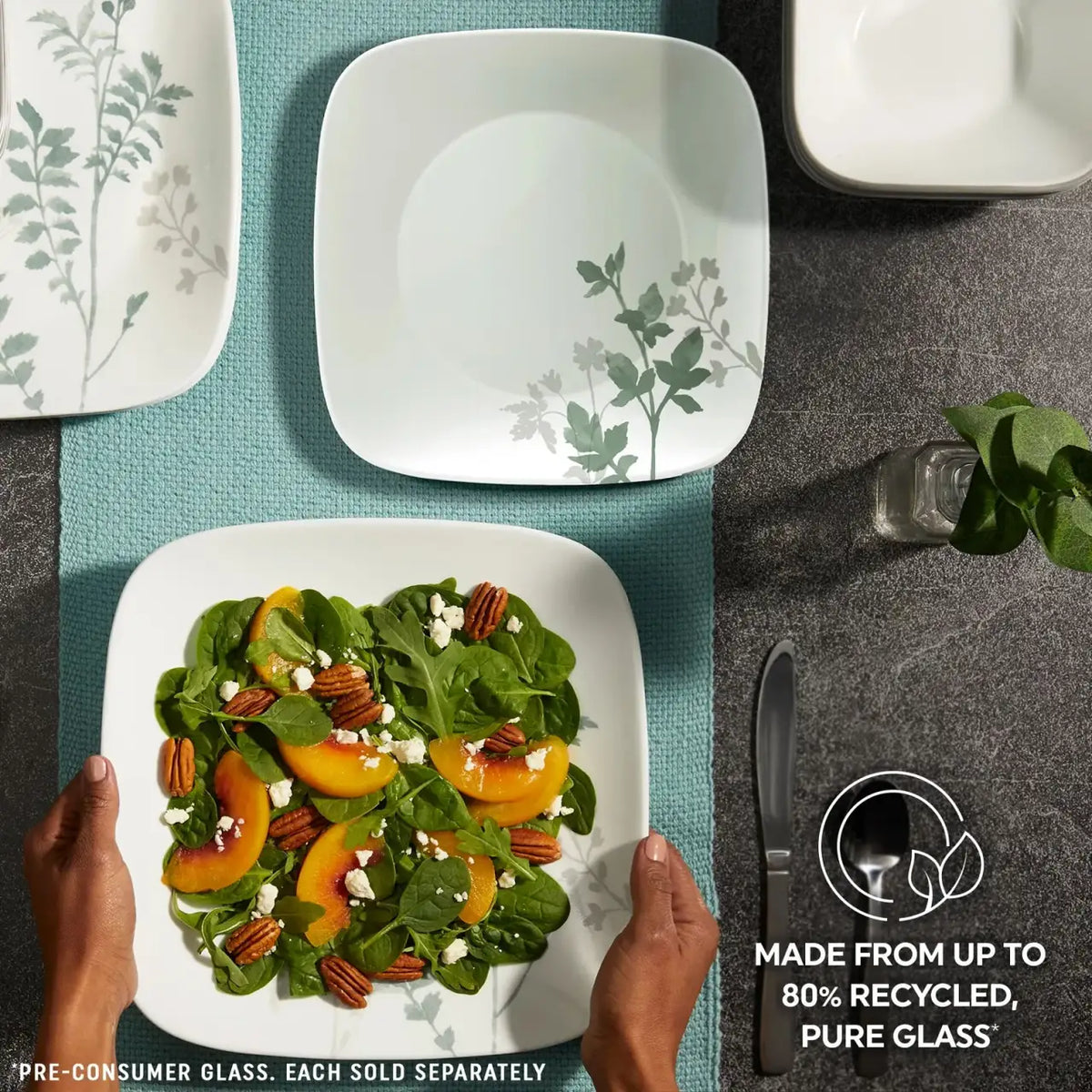 Square Appetizer Plate, 6.5 Inches, Featuring Soft Sage Botanical Greenery for Relaxed Everyday Dining