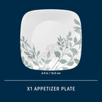 Square Appetizer Plate, 6.5 Inches, Featuring Soft Sage Botanical Greenery for Relaxed Everyday Dining