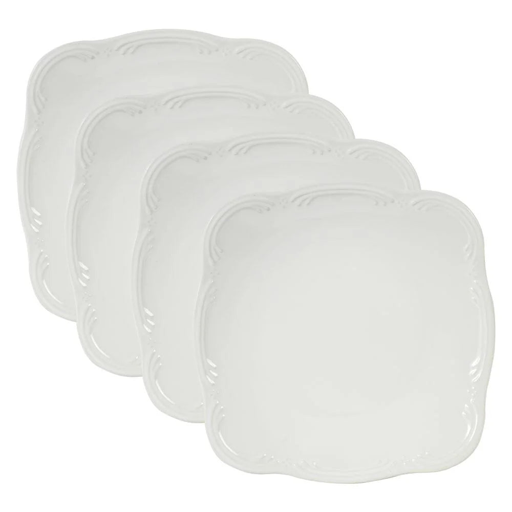 Square Dinner Plates in White Stoneware, Set of Four 10-Inch