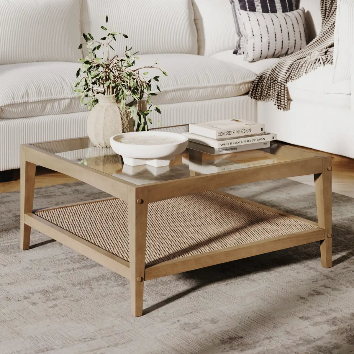 Square Glass Coffee Table, Light Brown-Rattan